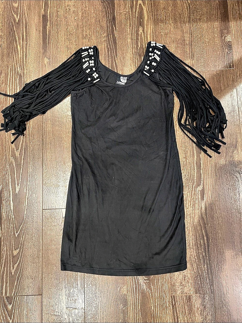 UMM Black Mini Dress with Fringe Sleeves